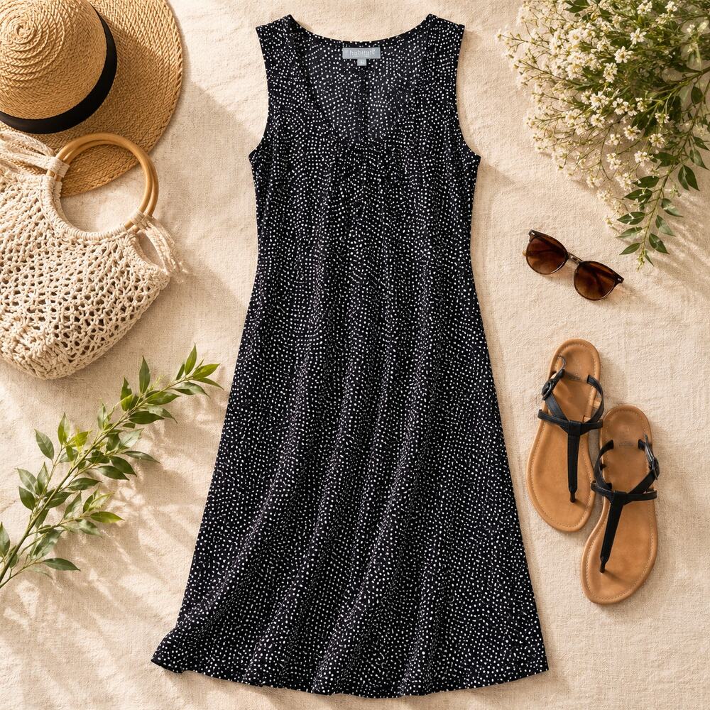 Habitat Midi Sundress Tank Dress Womens XS Black White Polka Dot Summer Vacation